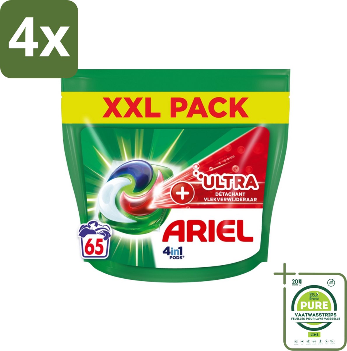 Ariel – 4in1 Pods – Ultra Vlekverwijderaar – 65 wasbeurten - Voordeelverpakking - 4 stuks - Vlekverwijderaar - Wasmiddel