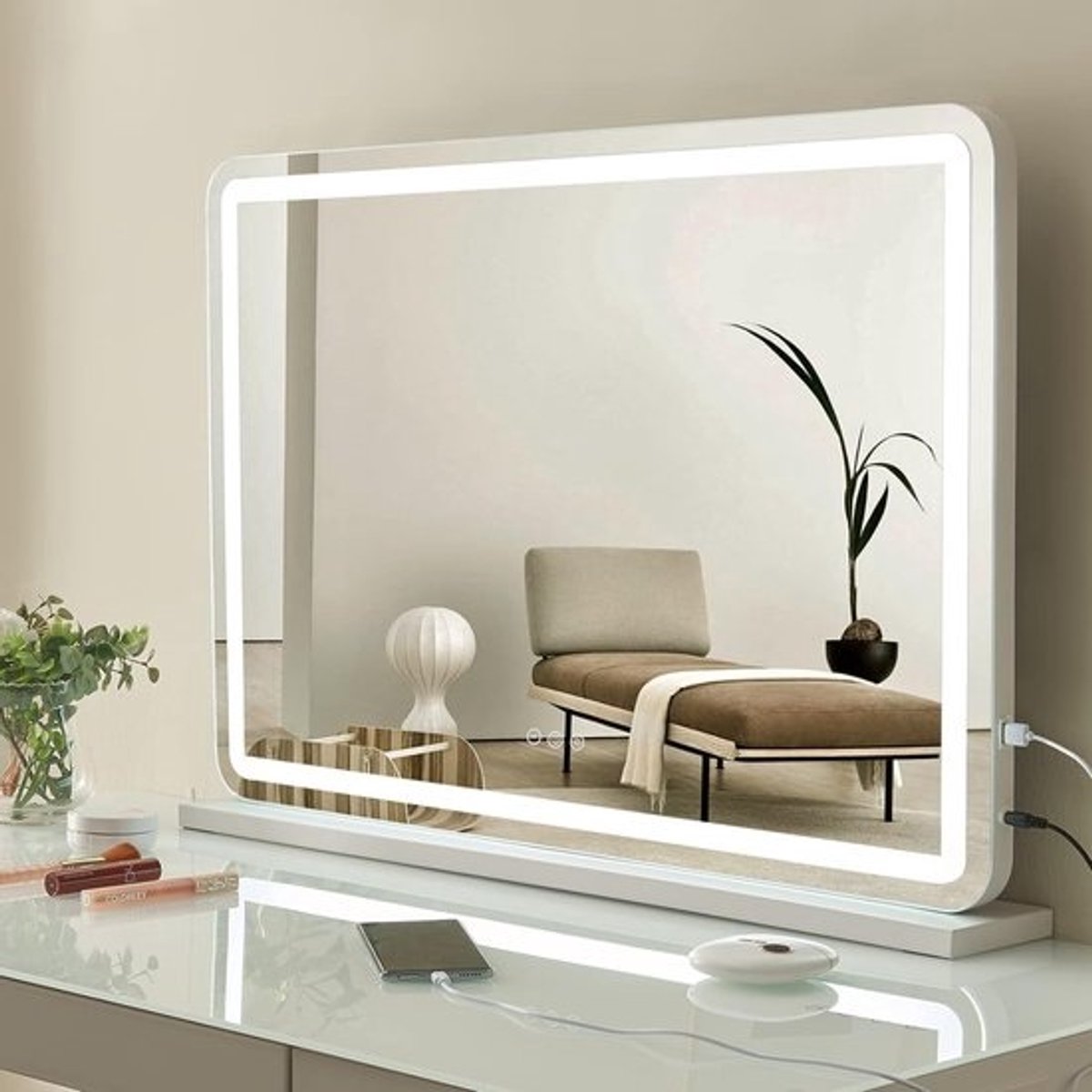 Verlichte make-upspiegel - 80 x 55 cm - Hollywood stijl - 10x vergroting - Dimbaar - Make-up/slaapkamer