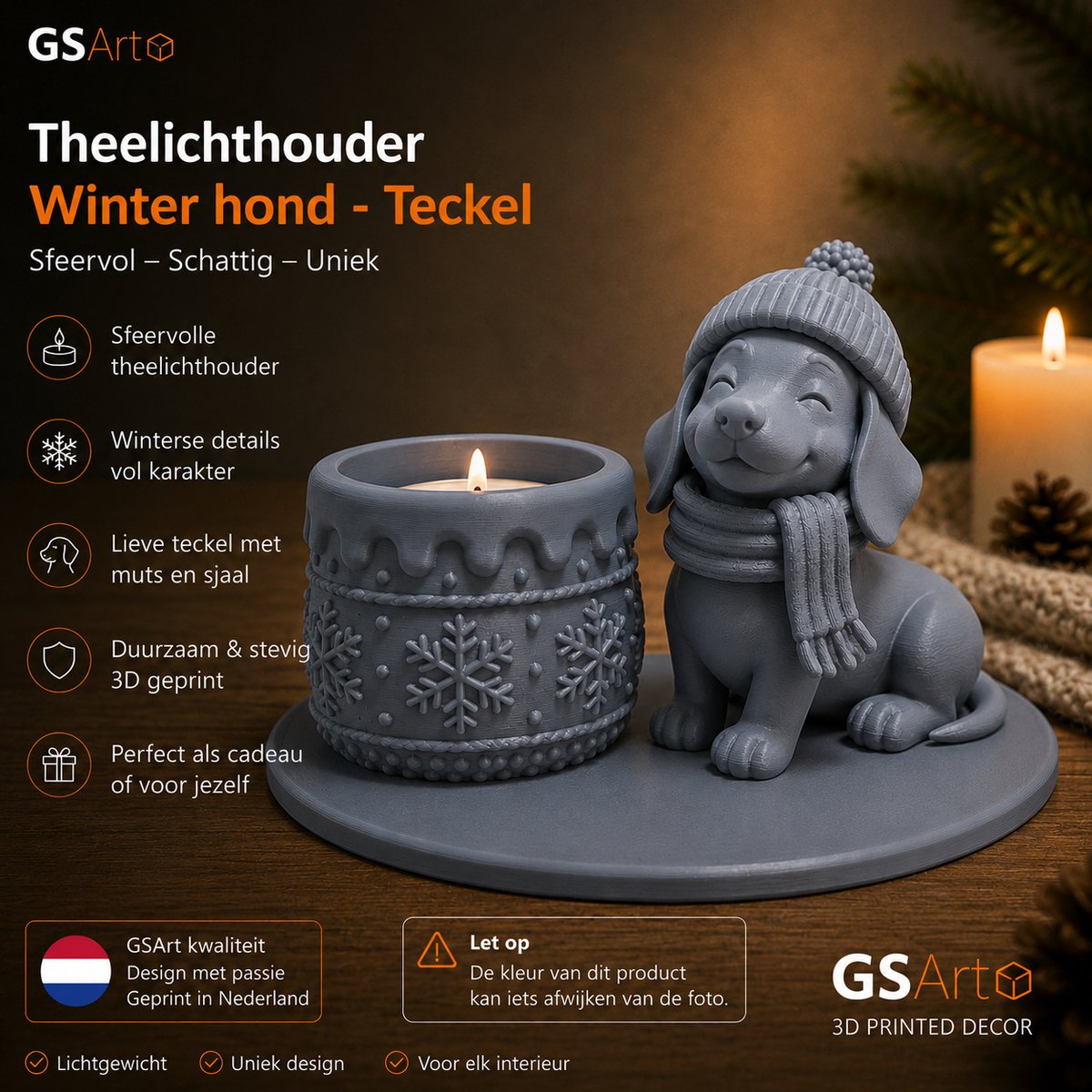 GSArt Theelichthouder Winter Hond Teckel – Winterdecoratie met LED-licht - Mat As grijs