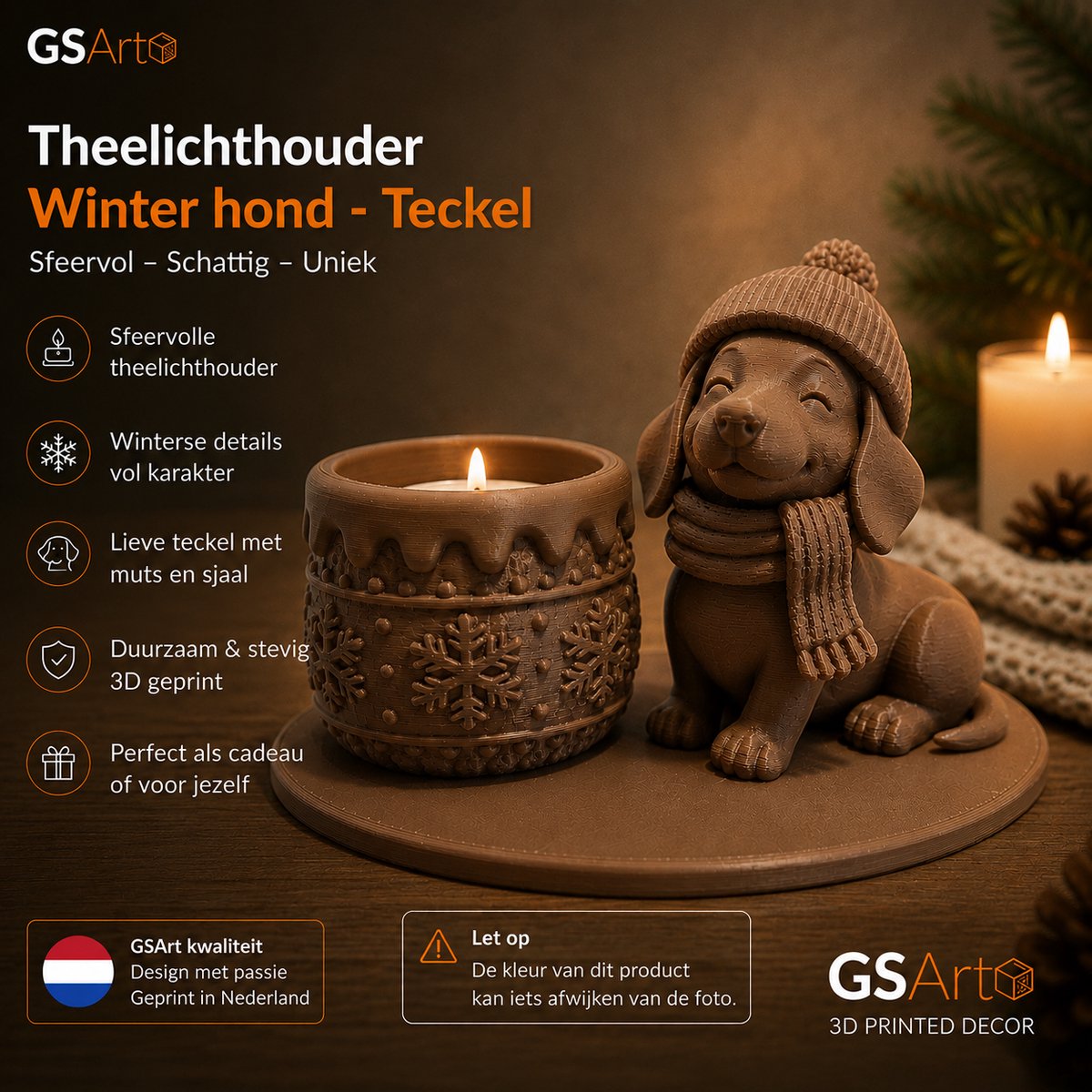 GSArt Theelichthouder Winter Hond Teckel – Winterdecoratie met LED-licht - Chocolade Bruin