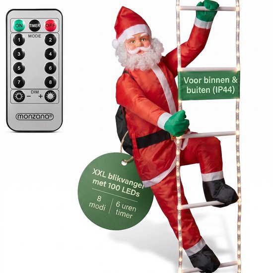 Figure de Père Noël de 120cm avec une échelle et 100 LED, avec télécommande, convient à l'intérieur et à l'extérieur.