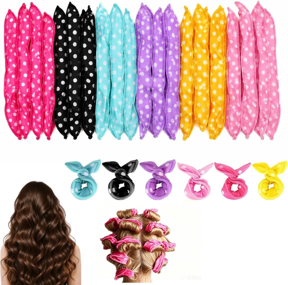 Set van 24 hittevrije krulspelden van schuim in 6 kleuren, ideaal voor volumineuze krullen en haarstyling, 21 x 3,5 cm