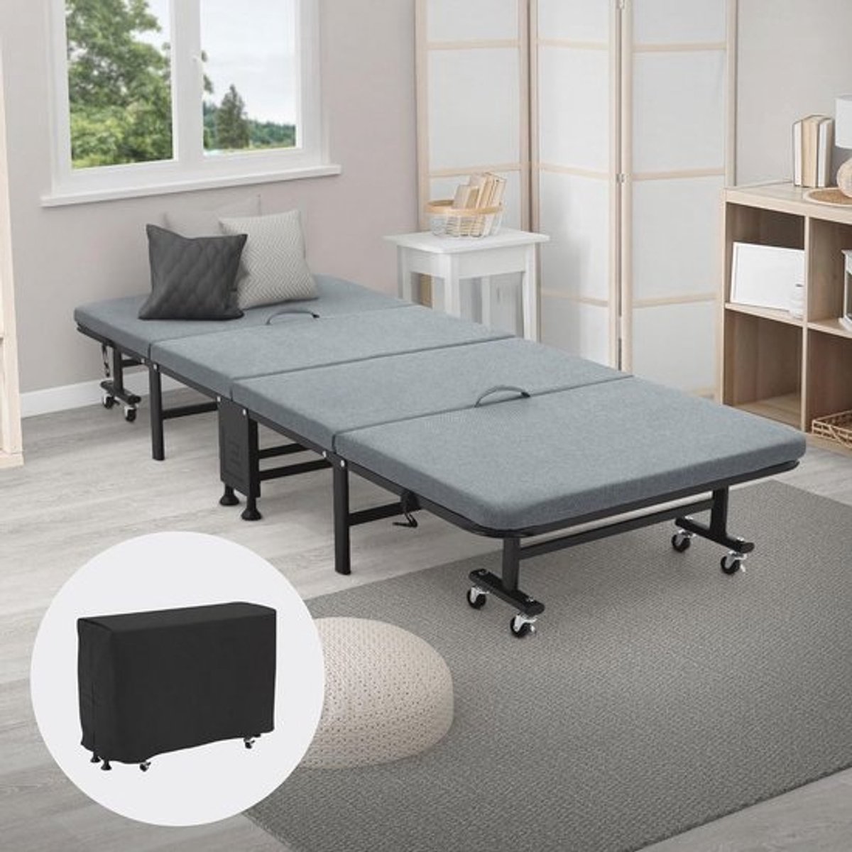 Opvouwbaar logeerbed 80x190 cm met matras en kussen - Eenpersoonsbed met 8 wielen en stevig stalen frame