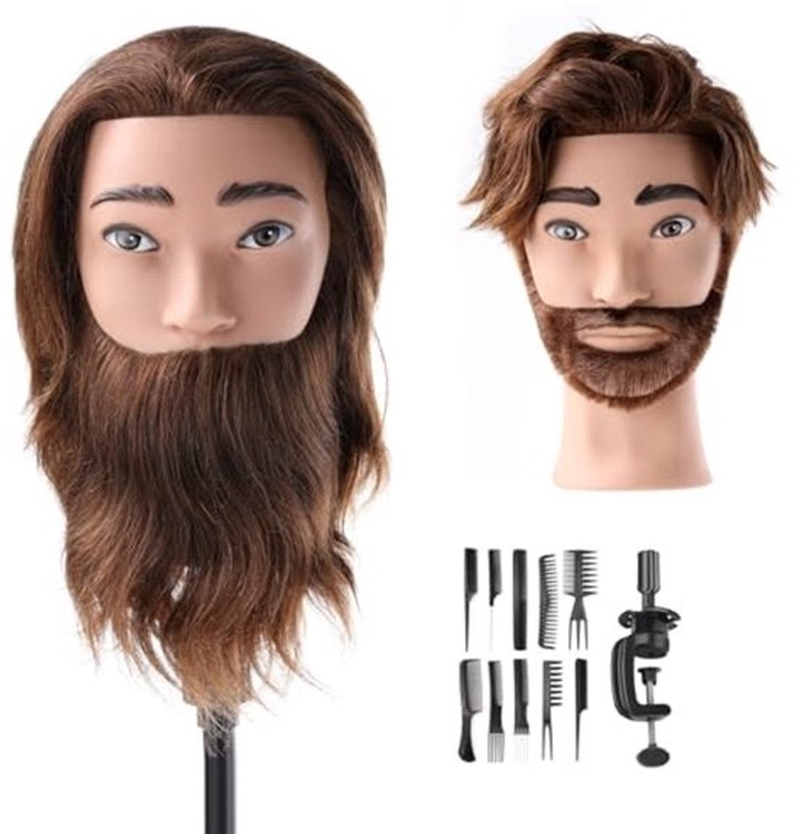 Echt Haar Mannen Mannequin Hoofd voor Kappers - Inclusief Tafelklem en Kamset (48 cm)