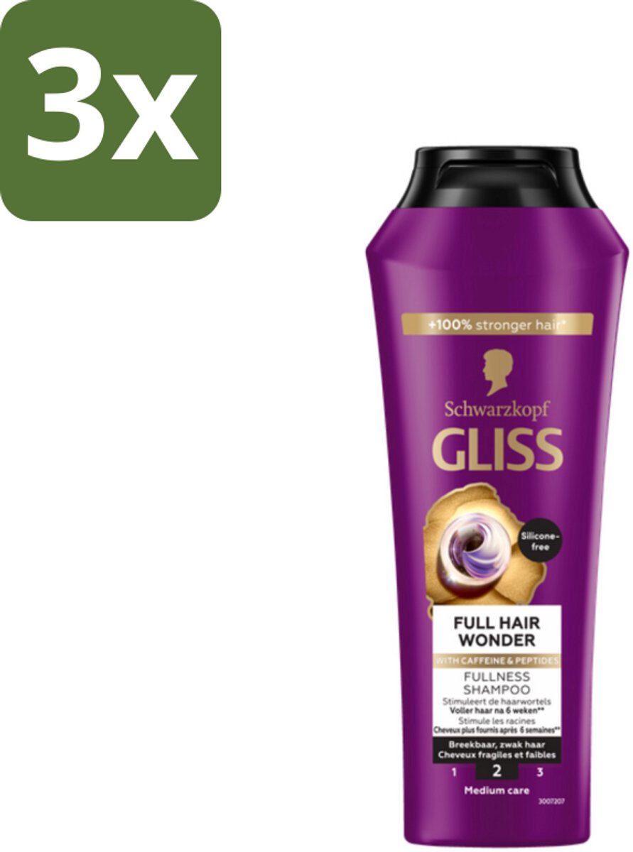 Gliss Shampoo Full Hair Wonder - 250 ml - Bulkverpakking - 3 stuks