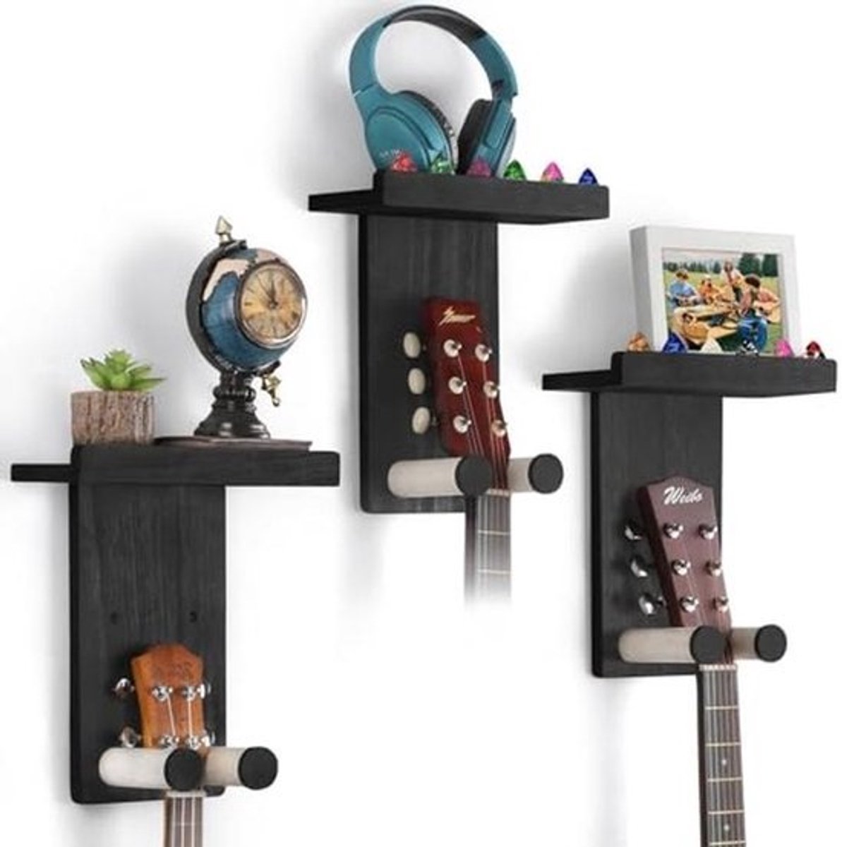 Houten Gitaarwandbeugel met Plank - Multifunctionele Houder voor Gitaar, Bas, Ukulele en Meer - Eenvoudig te Installeren 3-Pack