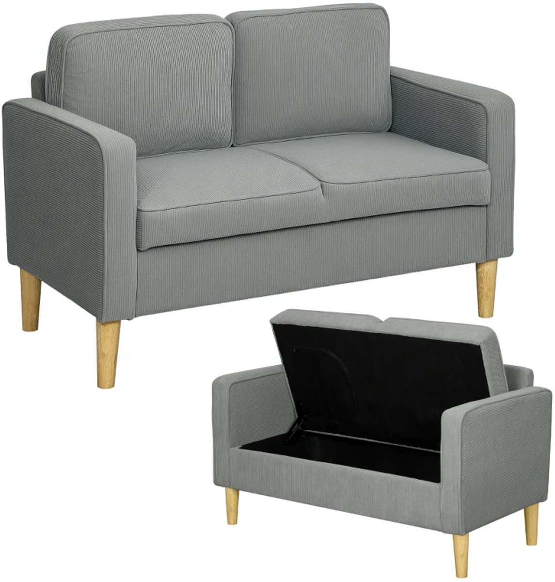 2-zitsbank Met Opbergruimte En Massief Houten Poten - Voor Woonkamer En Slaapkamer - 117 x 63 x 79 cm - Lichtgrijs