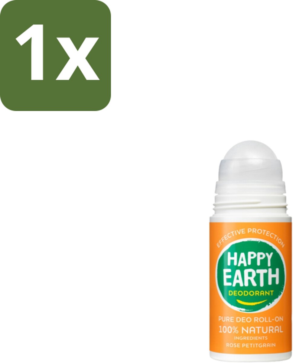 Happy Earth – Deodorant Roll-On – 100% Natuurlijk Rose Petitgrain – 75 ml - 1 stuk