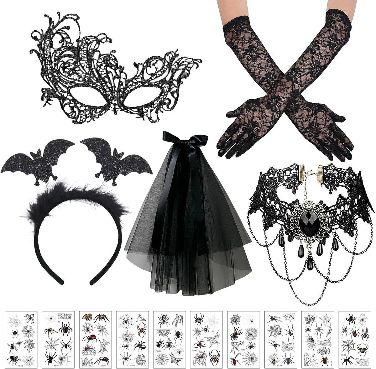 5/6 Stuks Halloween Steampunk Damesaccessoires, Kostuum met Bat Haarband, Oogmasker, Kanten Gothic Ketting en Halloween Tattoos voor Cosplay