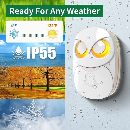 Draadloze deurbel-Leuke Uil Deurbel Set-Weerbestendig IP55-Buiten afstandsbediening drukknop-1000 voet lang draadloos bereik-35 Klassieke melodieën optioneel-5 volumeniveaus en LED-flitser-2 ontvangers + 1 zender-Wit — afbeelding 3