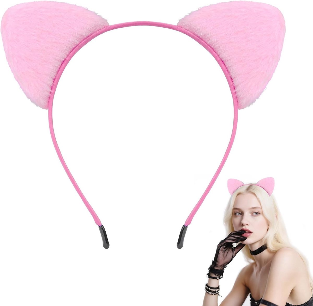 Rosa Kat Oren Haarband met Bont - Perfect voor Halloween, Carnaval en Kattenkostuums, Dierlijke Accessoires