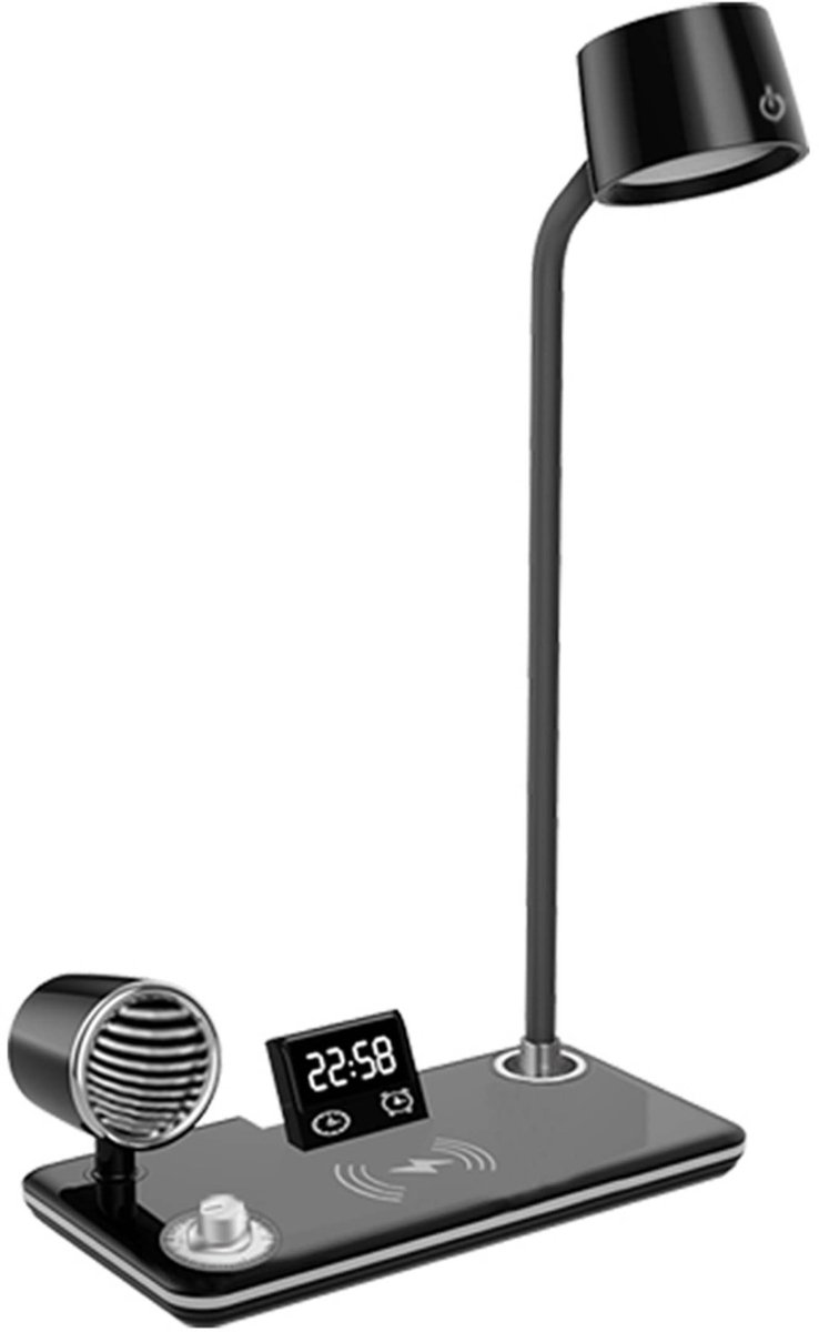 NAXSIR Multifunctionele LED Bureaulamp - 43 cm - Bluetooth Speaker - 15W Draadloze Oplader - Klok en Wekker