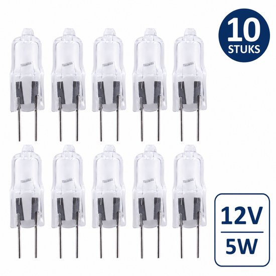 Set van 10 G4 halogeenlampjes met helder glas, 12V 5W. Zilverkleurige pinnen.