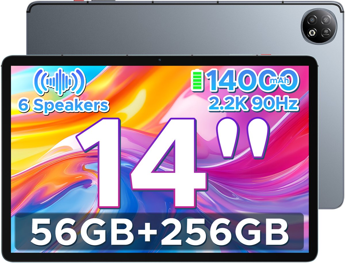 DOOGEE U14 - Tablet - 56 GB RAM (6+50 GB) + 256 ROM (2TB/TF) - GAMINI AI - 14 inch 2.2K+90 Hz - 14000 mAh/33W - 6 Speakers - RK3576S AI - 16 MP+8 MP - Android 16 - WiFi 6 - OTG - Grijs