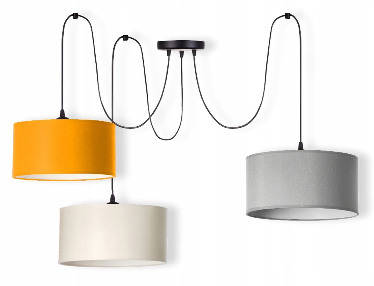 Spider Plafondlamp 3xE27 Grote Stoffen Kappen Zwart/Wit/Grijs