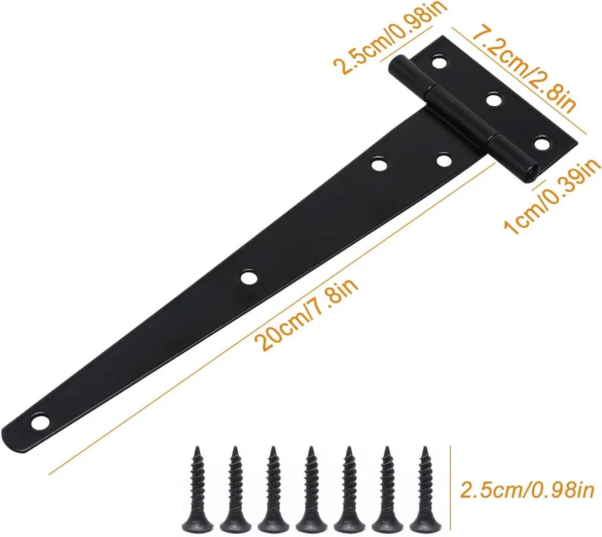 Een set van twee robuuste en duurzame T-vormige deurscharnieren, inclusief montageschroeven, 200 mm, gegalvaniseerde T-vormige deurscharnieren, Geschikt voor schuurdeuren, houten deuren en ramen.