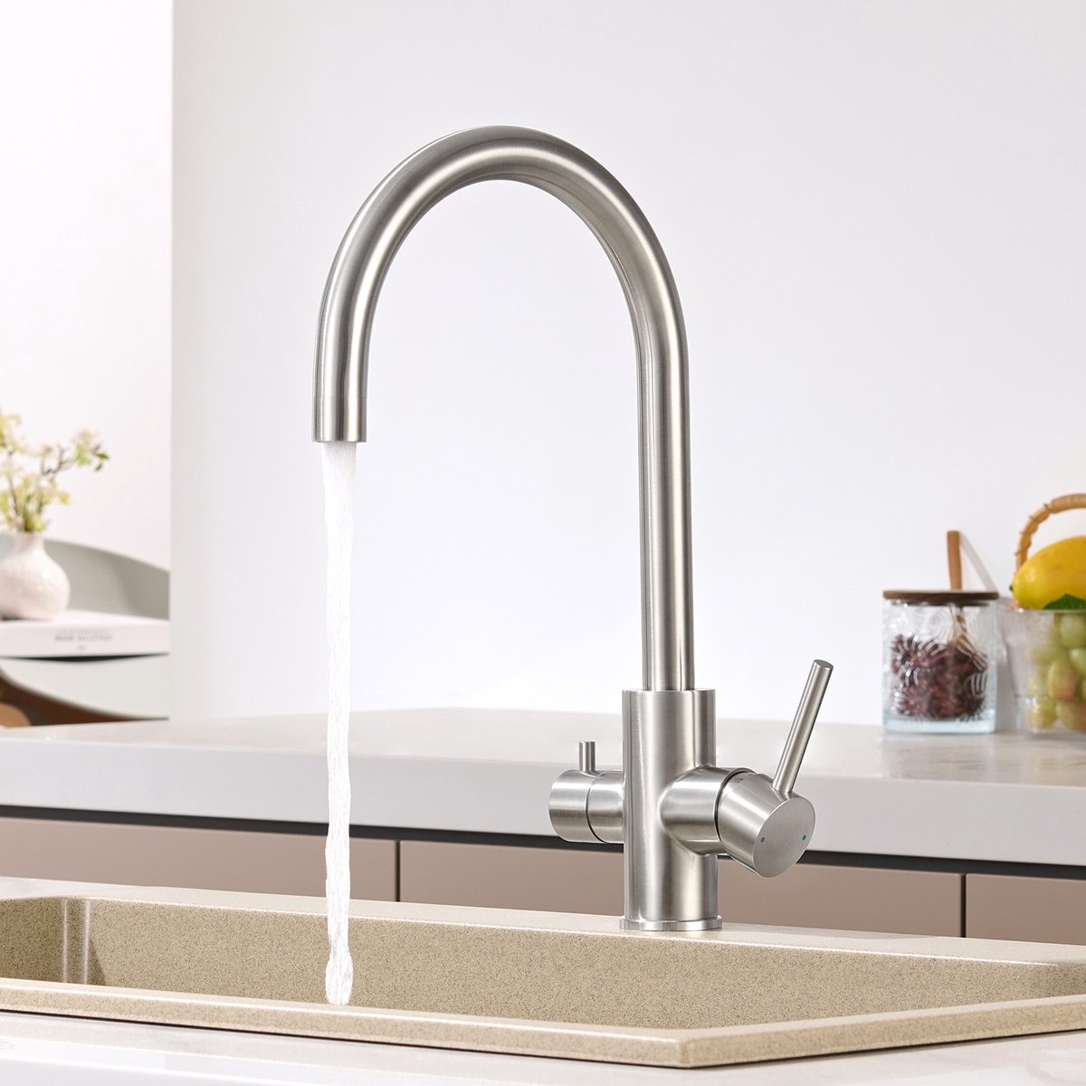 CECIPA max 3‑wege Keukenkraan - 3‑in‑1 drinkwaterkraan - 360° Roteerbaar - Roestvrij staal constructie - Hogedruk keukenkraan - Zilver