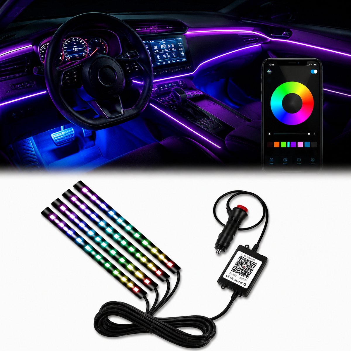Auto Sfeerverlichting LED Strip RGB - Interieurverlichting Auto met App Bediening - 12V LED Verlichting voor Auto Interieur - Muziekmodus & Kleuren Instellen - Zwart