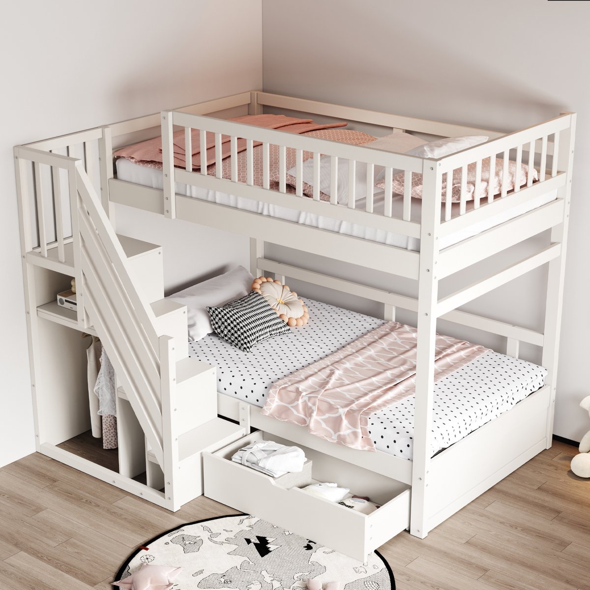 Massief houten stapelbed met opbergruimte en veiligheidsladder - ruimtebesparend voor kinderkamer - 90x200 cm 2 eenpersoons - wit - hoge valbeveiliging en opberglades - ladder met opbergvakken - inclusief 2 lattenbodems