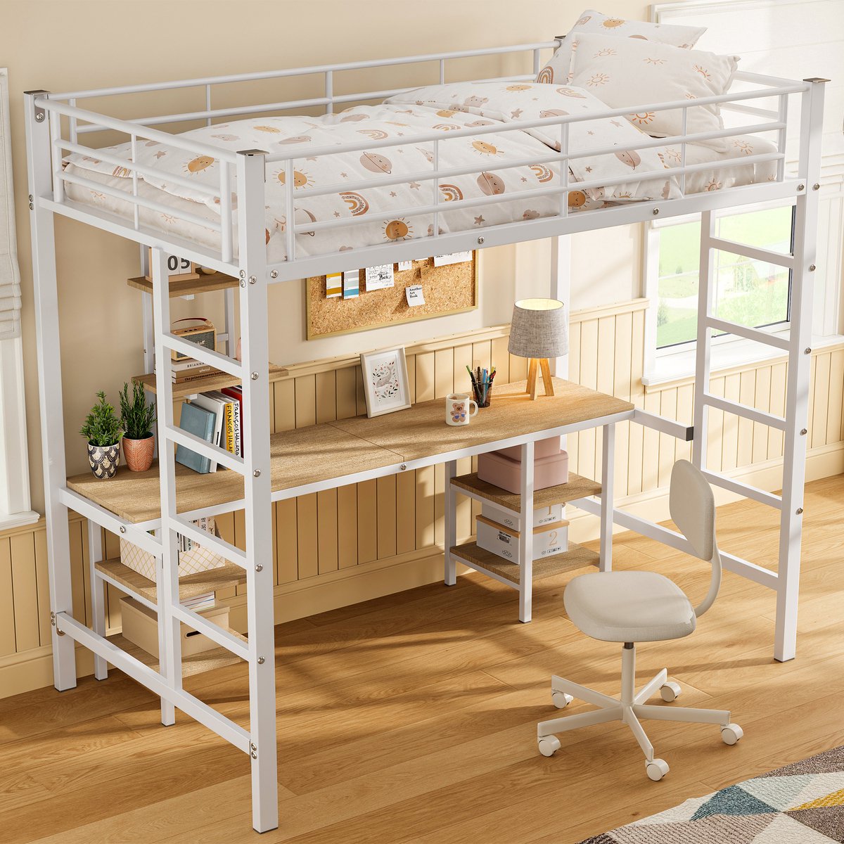 Stapelbed met bureau en opbergplanken - Geschikt voor kinderkamer en tienerkamer - 90x200 cm - Wit - Stabiel metalen frame - Vierzijdige valbeveiliging - EN747-gecertificeerd