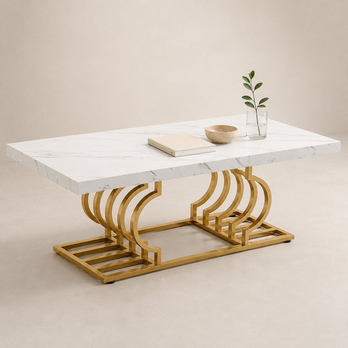 DMG Supply Rechthoekige Salontafel - Geometrisch Onderstel - 120 x 50 x 50 cm - Wit en Goud - Marmerlook