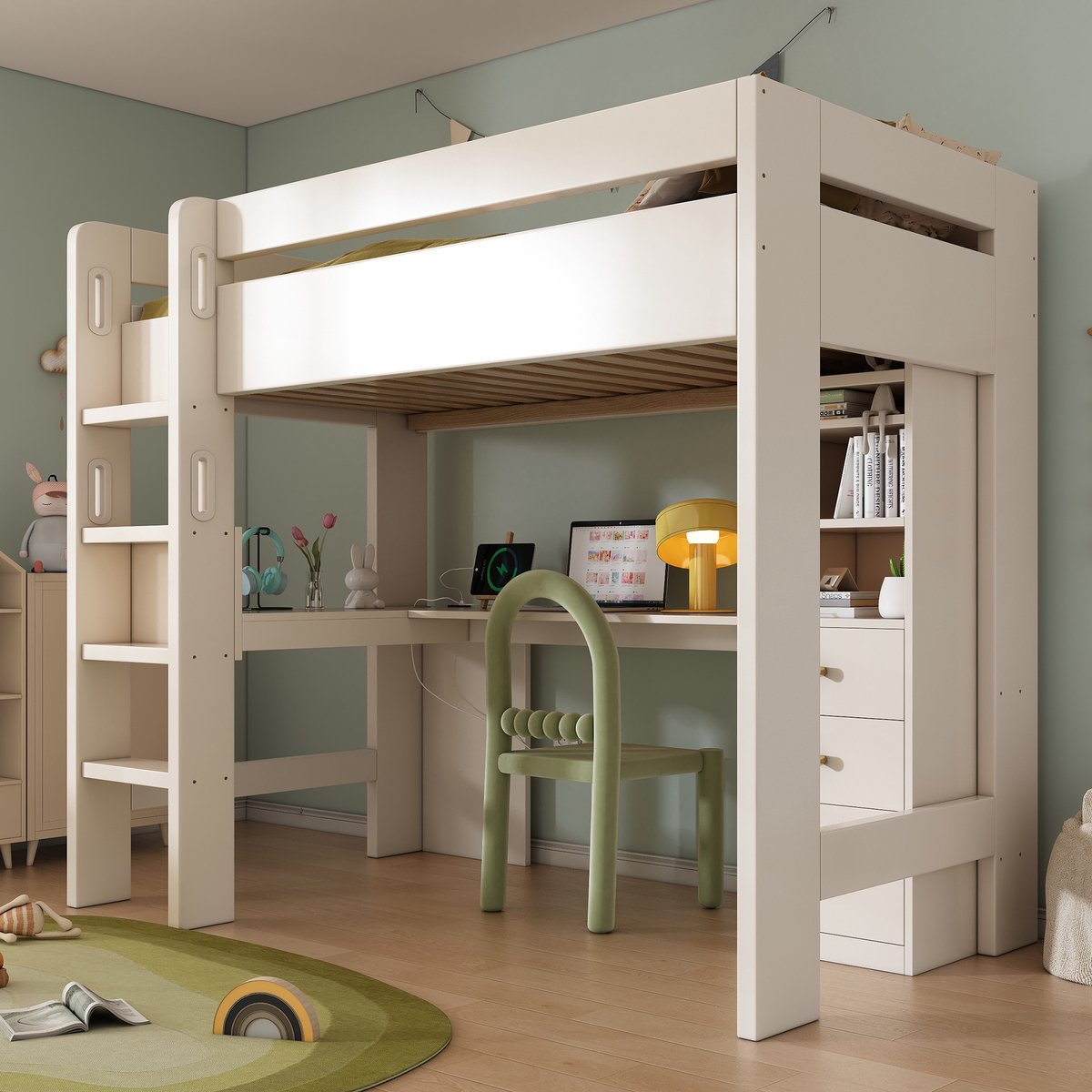 Kinderhoogslaper met L-vormig bureau en USB-C - 90x200 cm - 1 persoon - Wit - 3 lades en open legplanken - EN747 gecertificeerd - Veilige trap met handgrepen - Max. 120 kg