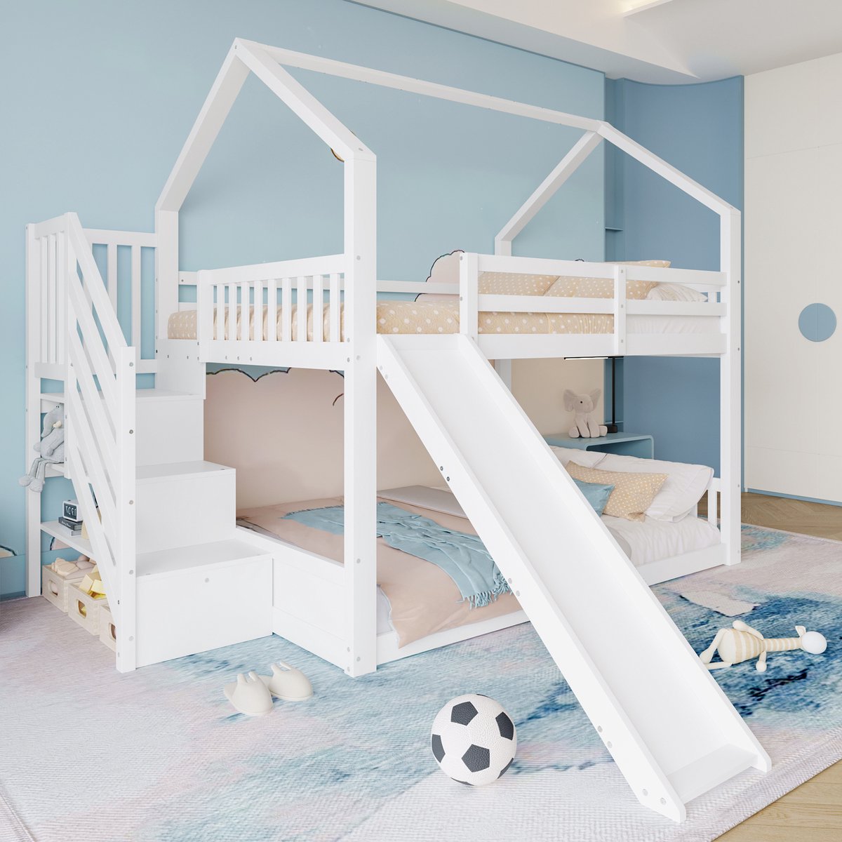 Huisvormig stapelbed met glijbaan en opbergtrap - 140x200 cm - Wit - Veiligheidsreling rondom - Geschikt voor kinderen en tieners