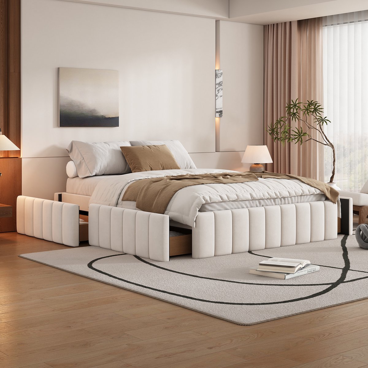 Gestoffeerd bed 140x200 cm - Minimalistisch design zonder hoofdbord - Beige fluweel - Met 4 opberglades en houten lattenbodem - Geschikt als een- of tweepersoonsbed voor slaapkamer of logeerkamer