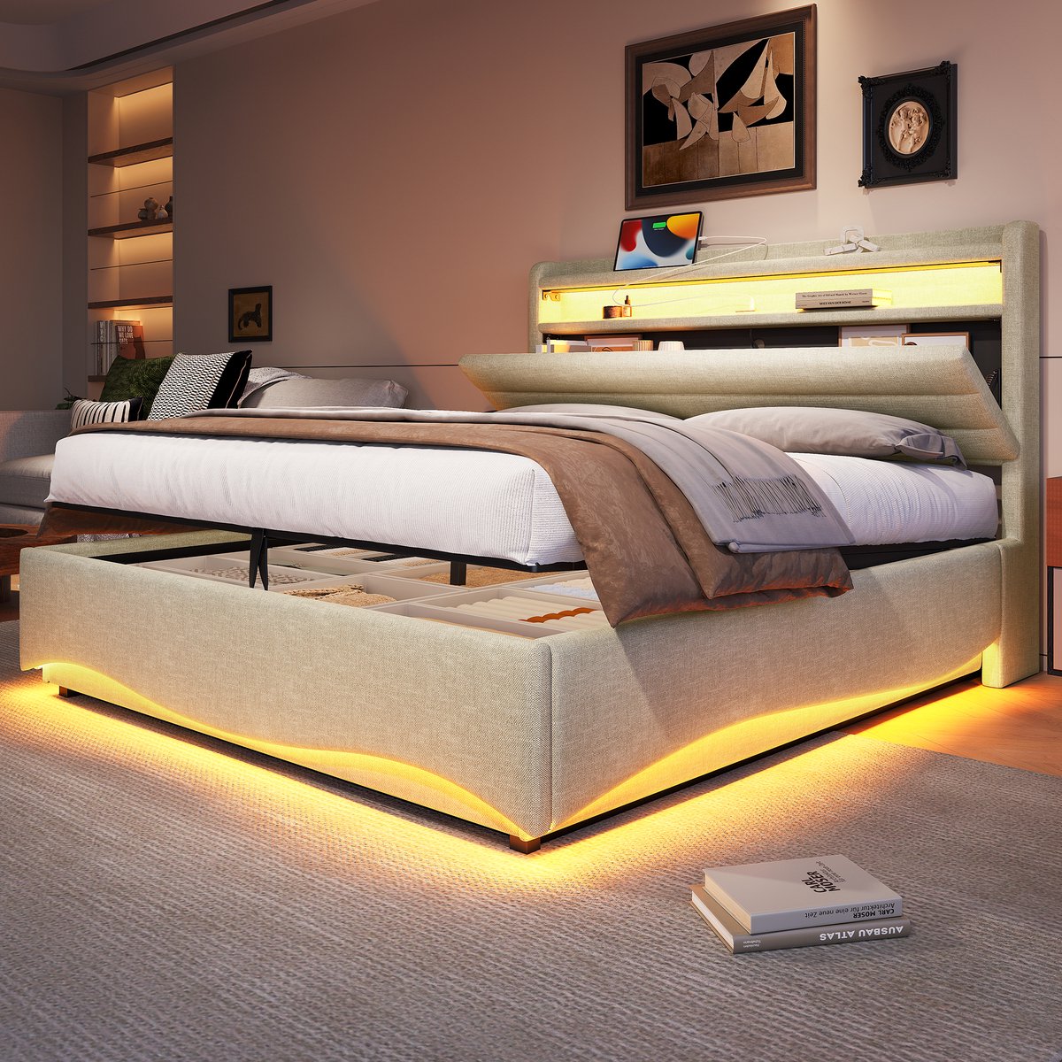 Gestoffeerd bed met hydraulische opbergruimte, LED en USB-C - 140x200 cm tweepersoons - Beige linnen - App-gestuurde sfeerverlichting - Ingebouwd opbergvak en legplank