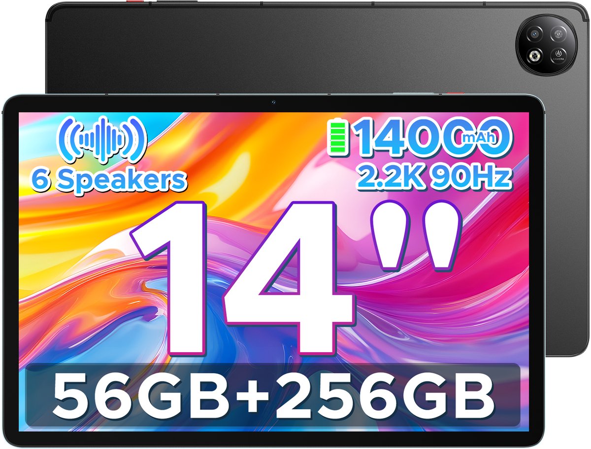 DOOGEE U14 - Tablet - 56 GB RAM (6+50 GB) + 256 ROM (2TB/TF) - GAMINI AI - 14 inch 2.2K+90 Hz - 14000 mAh/33W - 6 Speakers - RK3576S AI - 16 MP+8 MP - Android 16 - WiFi 6 - OTG - Zwart