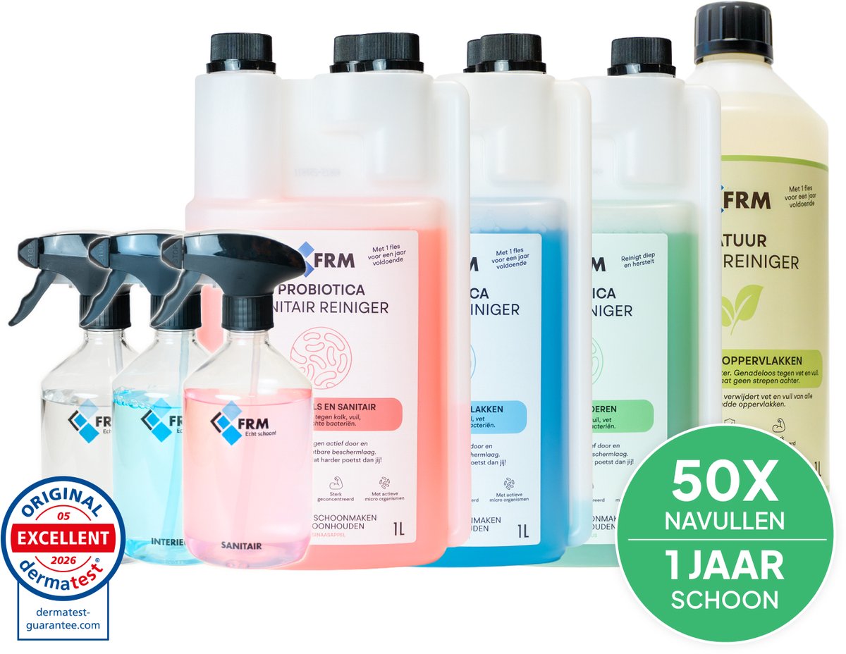 FRM Schoonmaakpakket 4-in-1 - Probiotica Sanitair, Vloer & Interieur + Speed Ontvetter - Schoonmaakset Huis - Werkt 7 Dagen Door - 1 Jaar Voldoende