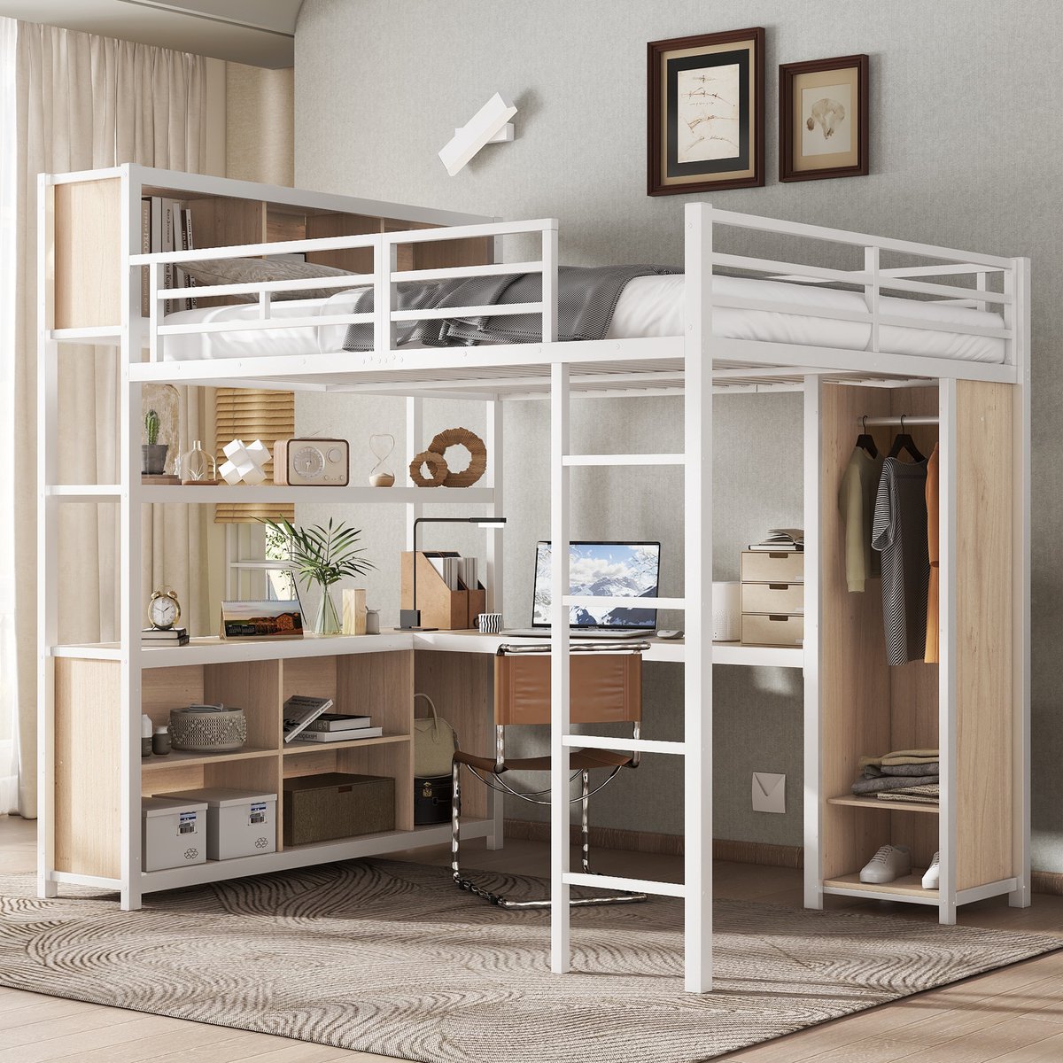 Metaal hoogslaper 140x200 cm - met bureau, kledingkast en opbergruimte in bovenbed - wit+natuur - dubbele opbergvakken onder bureau - stevige metalen lattenbodem - tot 250 kg