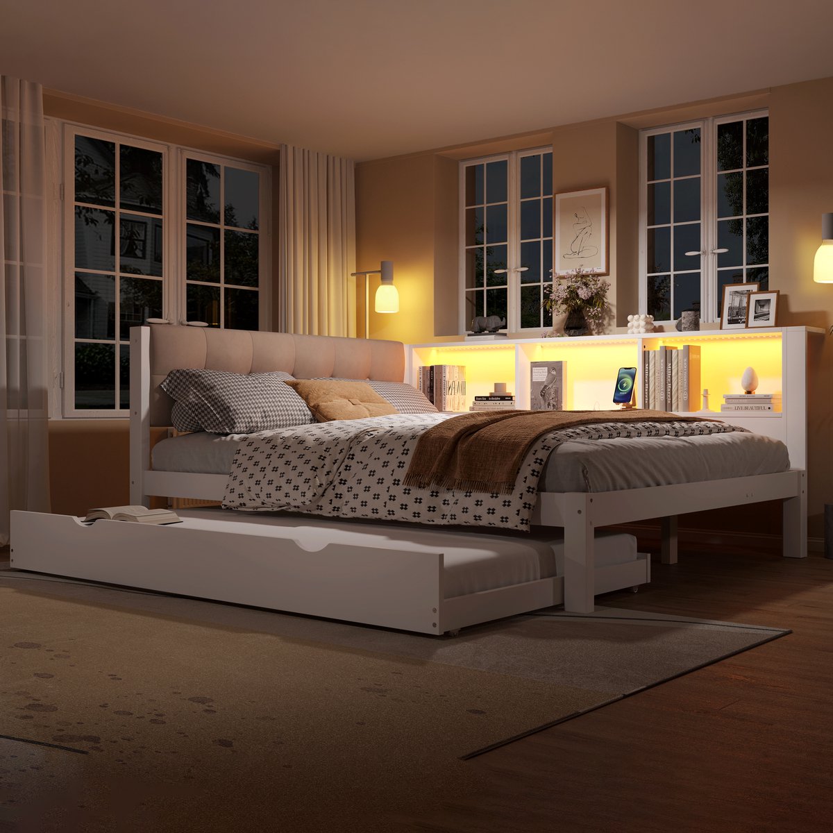 Uitschuifbaar dagbed 140x200 cm - met gastenbed, dimbare LED-verlichting en USB - eenpersoons + extra slaapplek - wit - massief grenen en 3 opbergplanken