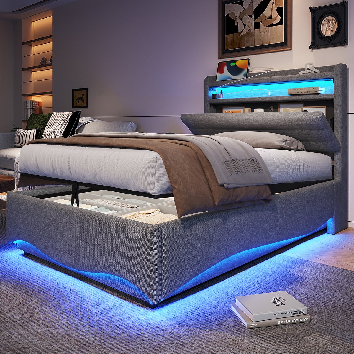 Gestoffeerd bed - met hydraulische opbergruimte, LED-verlichting en USB/Type-C - 90x200 cm eenpersoons - grijs - app-gestuurde sfeerverlichting - opbergvakken in hoofdeinde - huidvriendelijk linnen