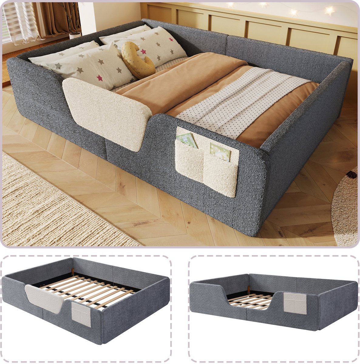 Gestoffeerd kinderbed 140x190 cm - peuter- en kleuterbed met afneembaar veiligheidshek - grijs fluweel - opbergvak aan de zijkant - zachte bekleding - montagevriendelijk