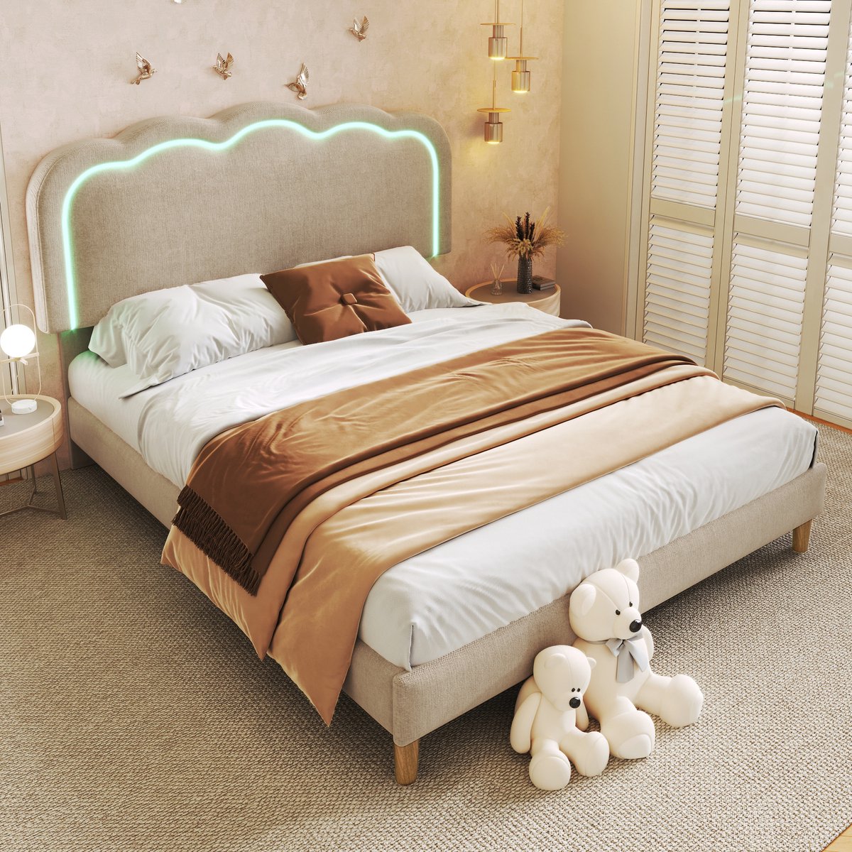 Gestoffeerd LED-bed met verstelbaar hoofdeinde, muziekmodus en sfeerverlichting - 140x200 cm - 2 personen - Beige linnen bekleding - Robuust frame tot 217 kg - Inclusief lattenbodem