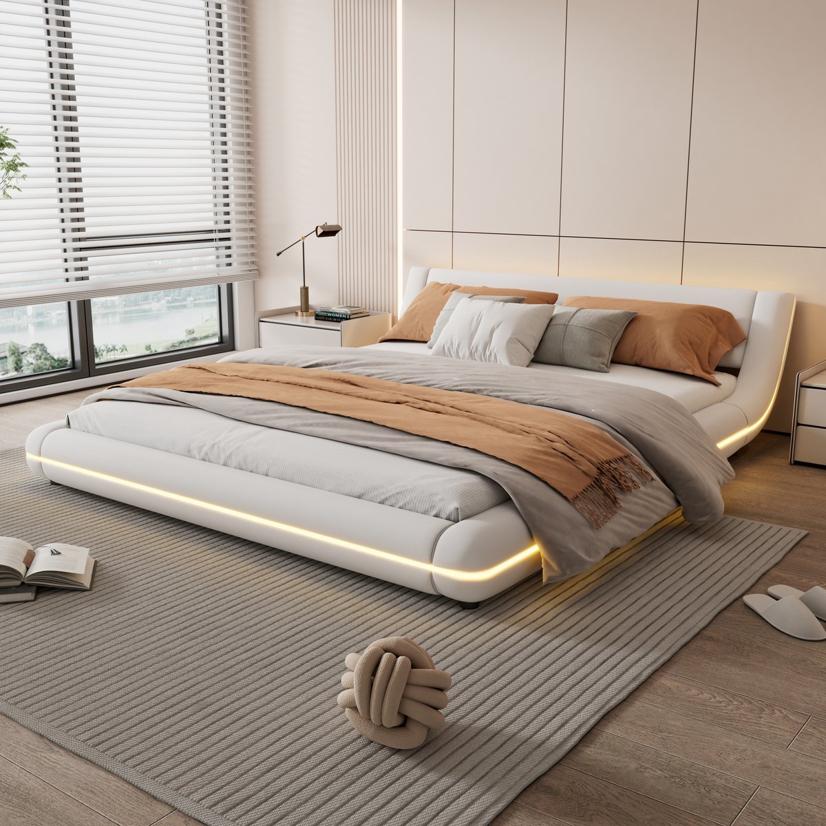 Laag bed - vloerbed met LED-sfeerverlichting - 160x200 cm - Wit PU - App-gestuurd meerkleurig licht rondom - Eenvoudig te reinigen