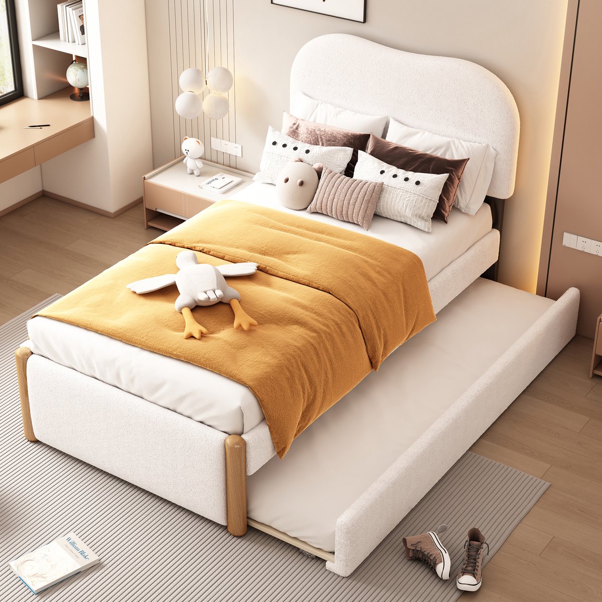 Dagbed met uitschuifbed - 90x200 cm (90x190 cm extra) - Wit - Zacht pluche bekleding - Minimalistisch design - Links/rechts plaatsbaar