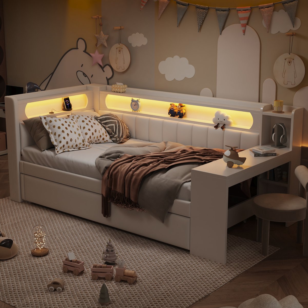 Gestoffeerd dagbed 90x200 cm - Uitschuifbed en bureau met USB-poorten - Wit - 7-kleuren LED-verlichting rondom - Stabiel frame met lattenbodem - Geschikt als kinder- of logeerbed