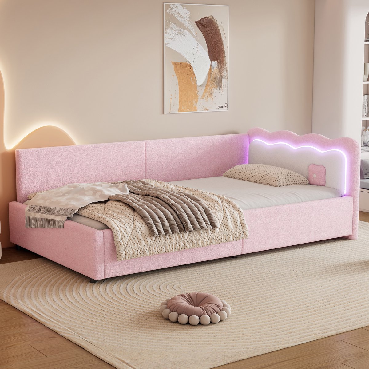 Dagbed 90x200 cm met LED-sfeerverlichting - multifunctioneel slaapbank - eenpersoons - roze - zachte vliesbekleding en colour-blocking hoofdeinde - app-gestuurde verlichting - inclusief lattenbodem