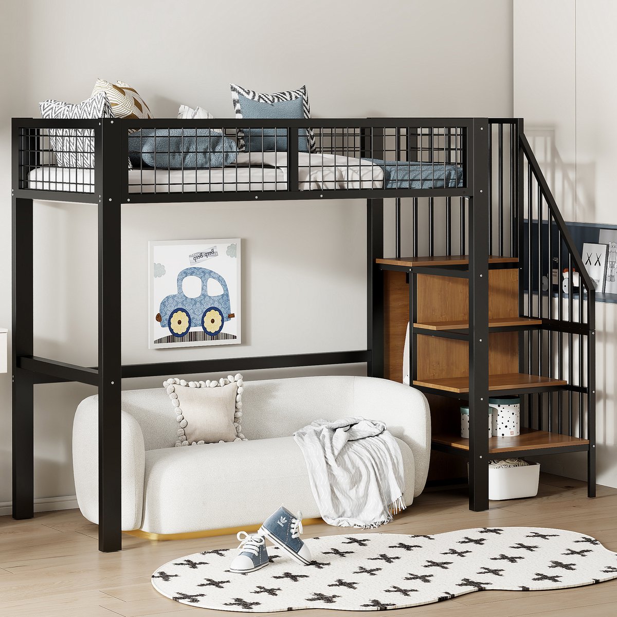 Hoogslaper met kledingkast en ladder - compact voor kinderkamer en tienerkamer - 90x200 cm eenpersoons - zwart - stevig metalen frame met opbergrekken - open ruimte onder het bed voor bureau of speelhoek