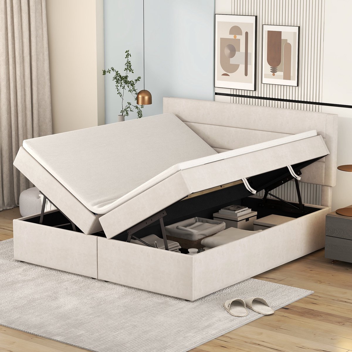 Gestoffeerd opbergbed 140x200 cm - Van twee zijden openklapbare opbergruimte - Beige linnen - Tweepersoons - Inclusief metalen lattenbodem - Tot 181 kg