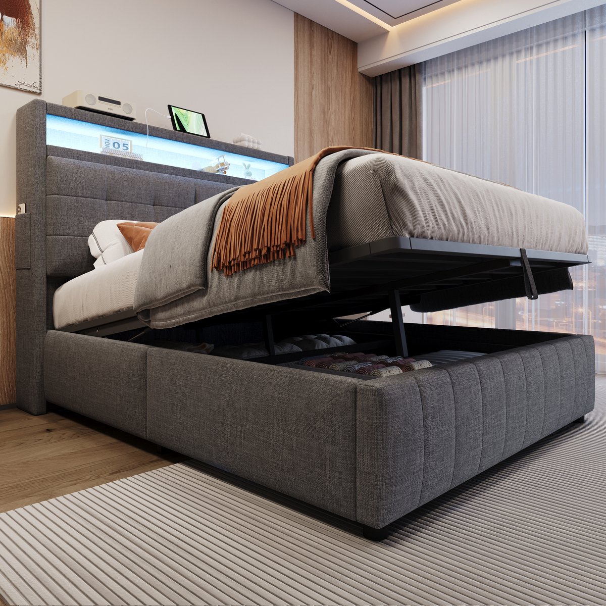 Gestoffeerd opbergbed 140x200 cm - LED-sfeerverlichting en USB - 2 personen - Grijs - Hydraulische opbergruimte - Opbergvakken in hoofdeinde - Ademend linnen - Stabiel metalen frame tot 250 kg