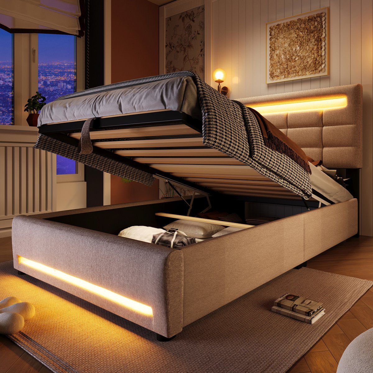 Gestoffeerd opbergbed 90x200 cm - eenpersoons - beige linnen - hydraulische opbergruimte - app-gestuurde 16-kleuren LED - USB-laadpoort aan hoofdeinde - vierkant design