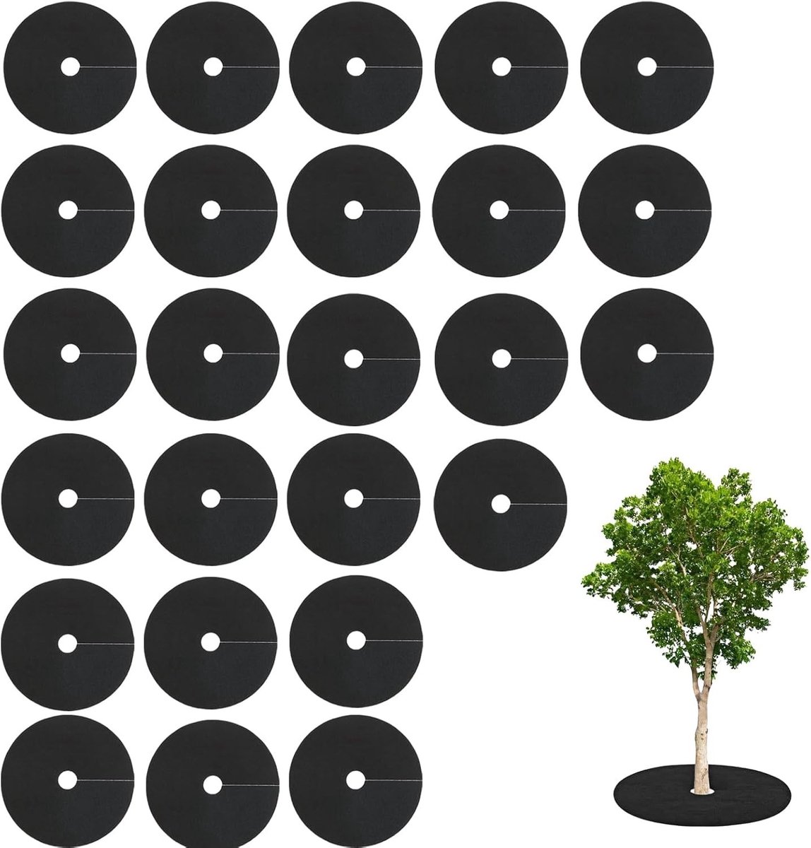 Set van 25 ronde mulchringen van 15 cm, vilten doek voor tuinplanten, onkruidbarrière en slakkenafschrikmiddel, zwart