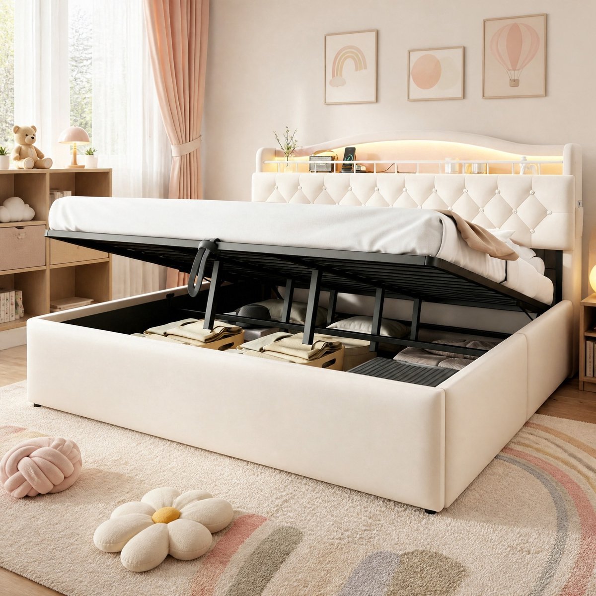 COVREO Bed 180x200 cm beige stof, hydraulische opbergruimte met ledverlichting