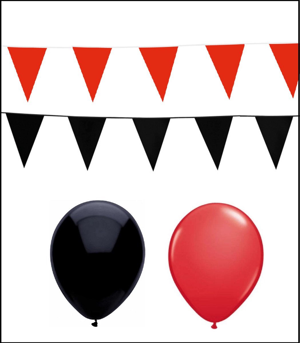 2x Vlaggenlijn rood/zwart 10 meter + 20 ballonnen rood/zwart - Versiering Slinger Feestdecoratie Decoratie