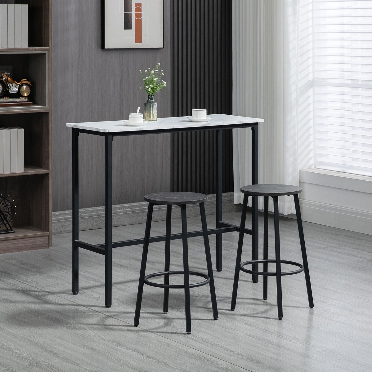 REDOM - Bartisch set met 2 barhockers - 3-delig - Tafelblad in marmerlook - Voetsteunen - Modern - Keuken en eetruimte - Metaal - Wit/Zwart - 100 x 40 x 90 cm