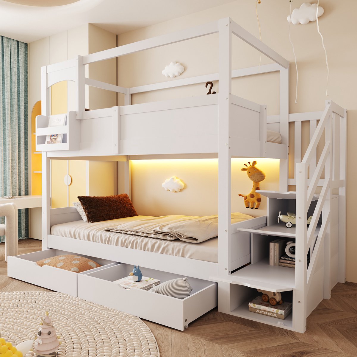 COVREO Stapelbed 90x200 cm wit hout, met ladder, lades en huisdesign