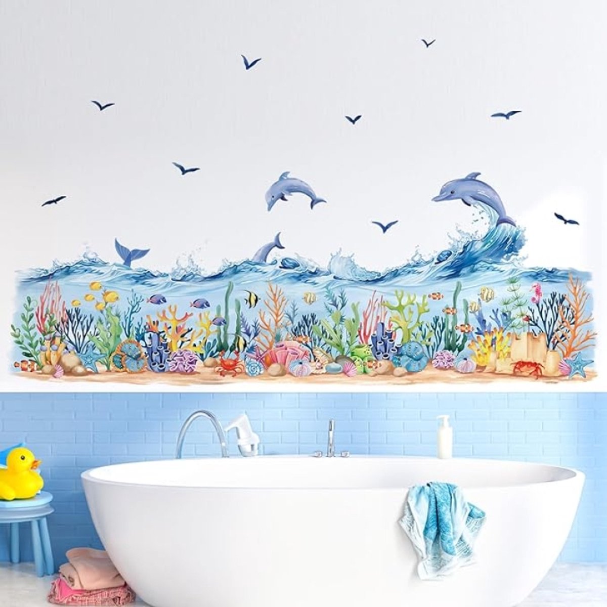 Muurstickers Onderwater Thema Dolfijnen Vissen Zeewier Oceaan Decoratie voor Kinderkamer Badkamer